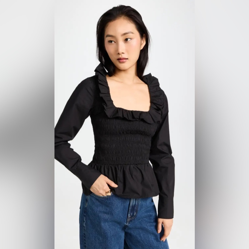 Ganni Cotton Poplin Open Neck Smock Blouse 38